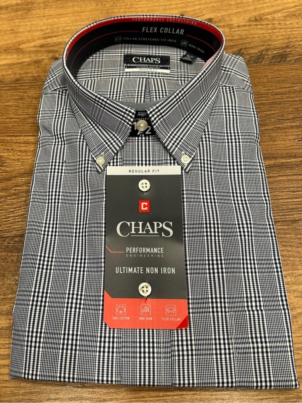Chaps Non-Iron Dress Shirt Men’s 17-17.5 34/35 Navy Plaid Regular Fit NWT
